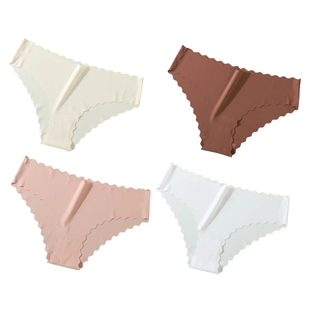 4Pcs/Set Ice Silk Mid-Rise Panties Women's Seamless Briefs Solid No Show Underwear Scalloped Edge Panties Sexy Lingerie