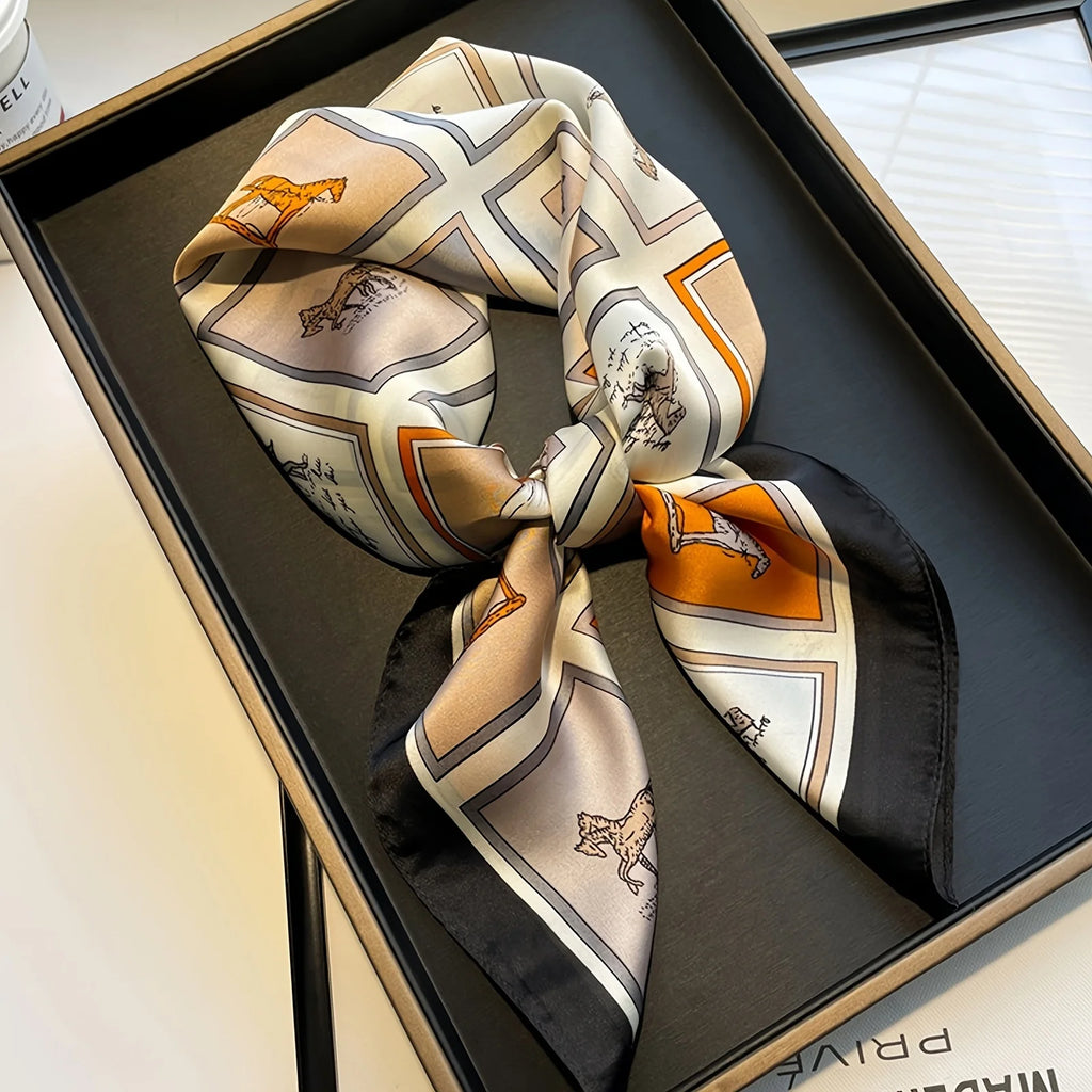 27.55" Grid Horse Print Square Scarf Simulated Silk Neck Scarf Stylish Sunscreen Headscarf For Women