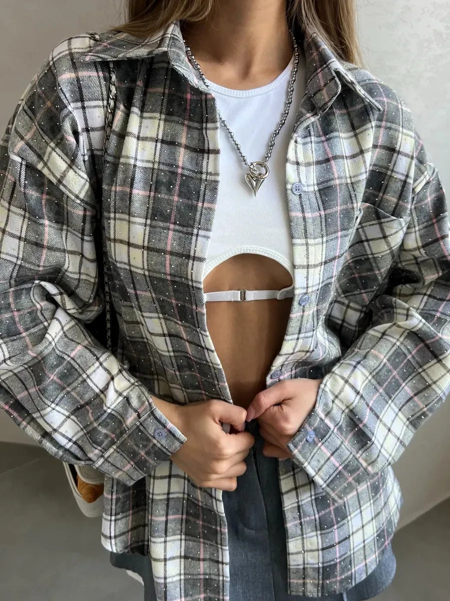 Women's Spring Loose Blouse Rhinestone Lapel Casual Top Long Sleeve Plaid T-Shirt Korean Style Vintage Fashion Chic Middle Age