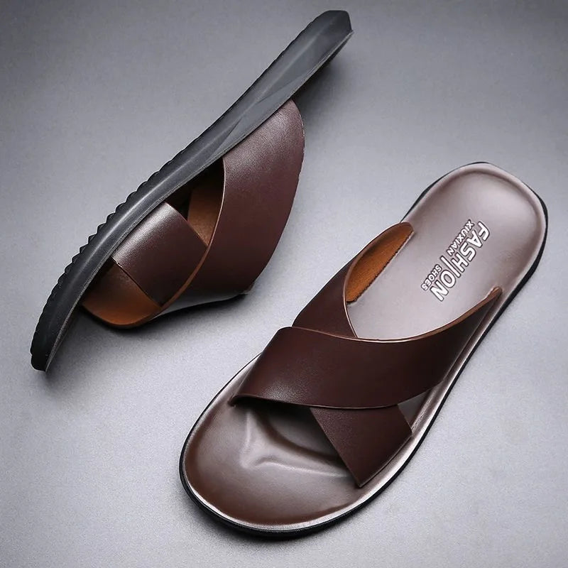 Genuine Leather Sandals for Men Casual Non-Slip Beach Shoes Fashion Soft Soled Flip Flops Men Flat Shoes