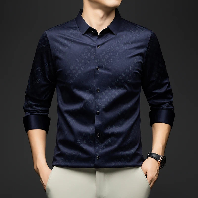 Luxury Men Shirt Long Sleeve Turn Down Collar Business Casual Button Down Dress Shirt