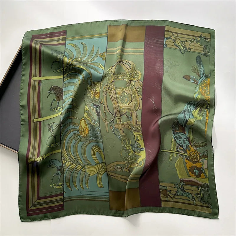 Retro Horse Print Neckerchief 70*70cm Green Square Scarf Women’s Breathable Imitation Silk Bandannas