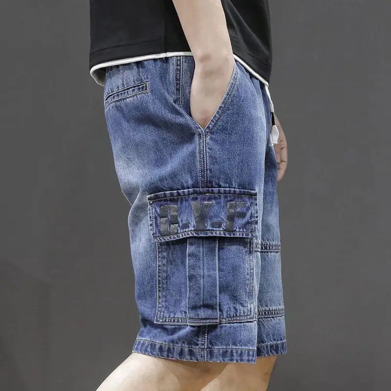 Men's Short Jeans Pants Straight Drawstring with Text Male Denim Shorts Cargo