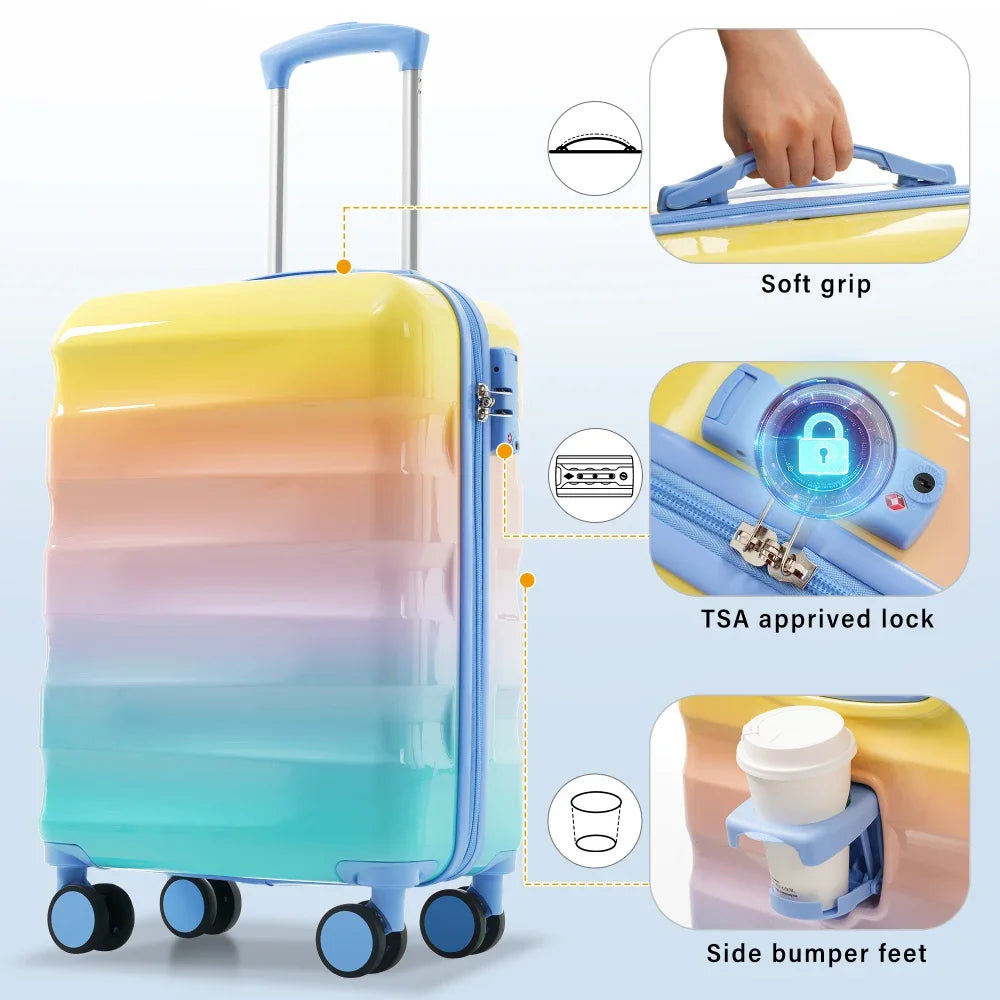 2 Piece 20" Carry-on Luggage Set with Cup Holder Lightweight Glossy Hardshell Suitcase Spinner Wheels TSA Lock Airline Approved