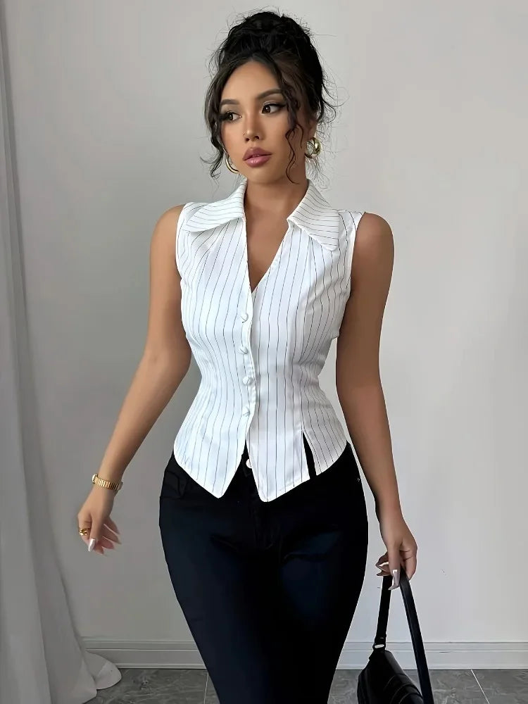 Blouse Women Vertical Stripes Collar V Neck Sleeveless Fitted Button Split Hem