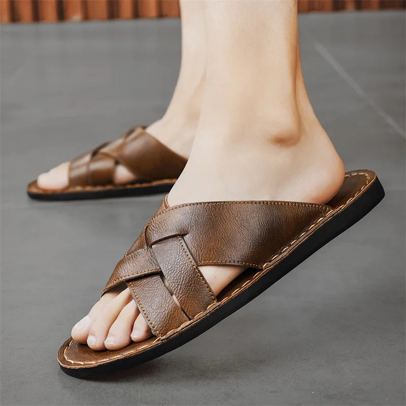 Handmade Leather Slippers for Men, Beach Summer Walking Shoes Slip on Light Male Flats Men Flip-flops Outdoor Half Drag
