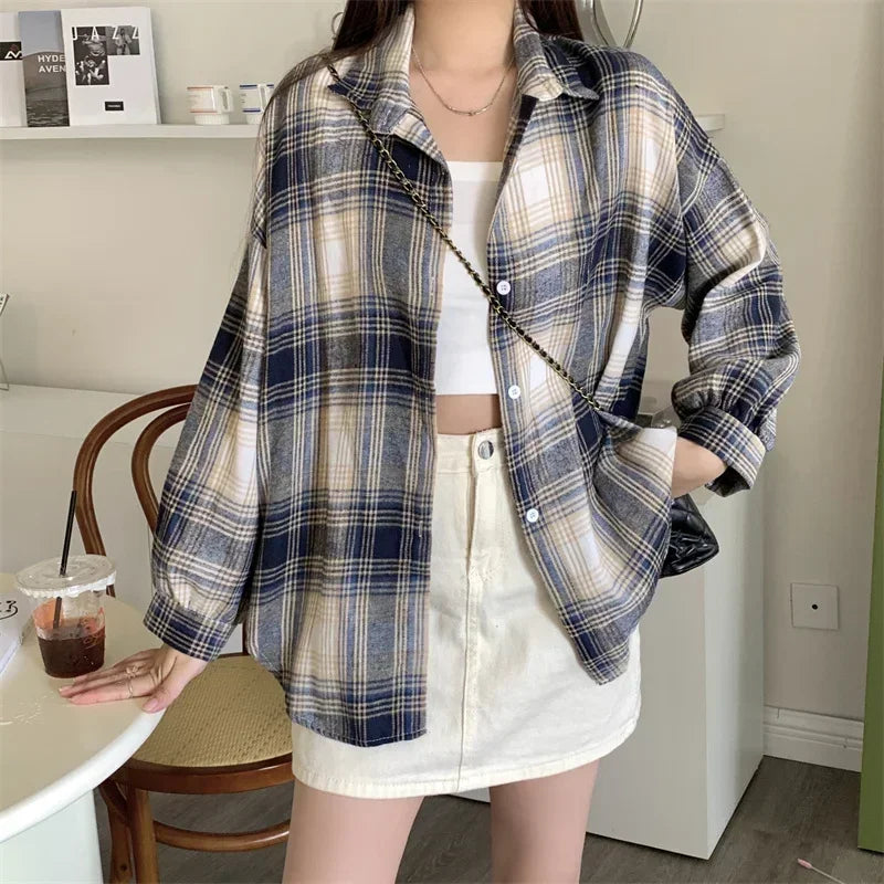 Flannel Shirts for Women Long Sleeve Collared Button-Up Tartan Plaid Shirt Jacket  Teen-girl Casual Everyday Outfit