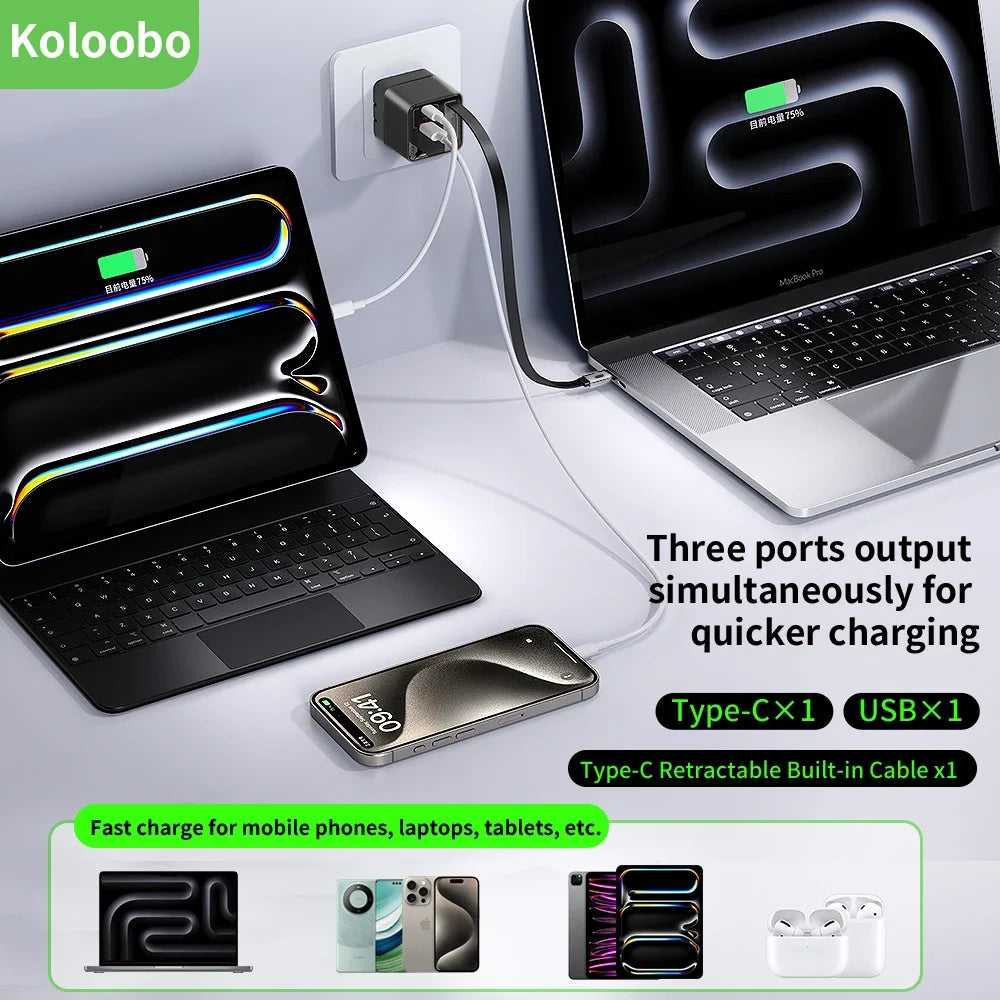 65W GaN Fast Charger Three-Port USB-C Charging Head Built-in 80cm Retractable TypeC Cable for iPhone16 15 14 13 Xiaomi Samsung