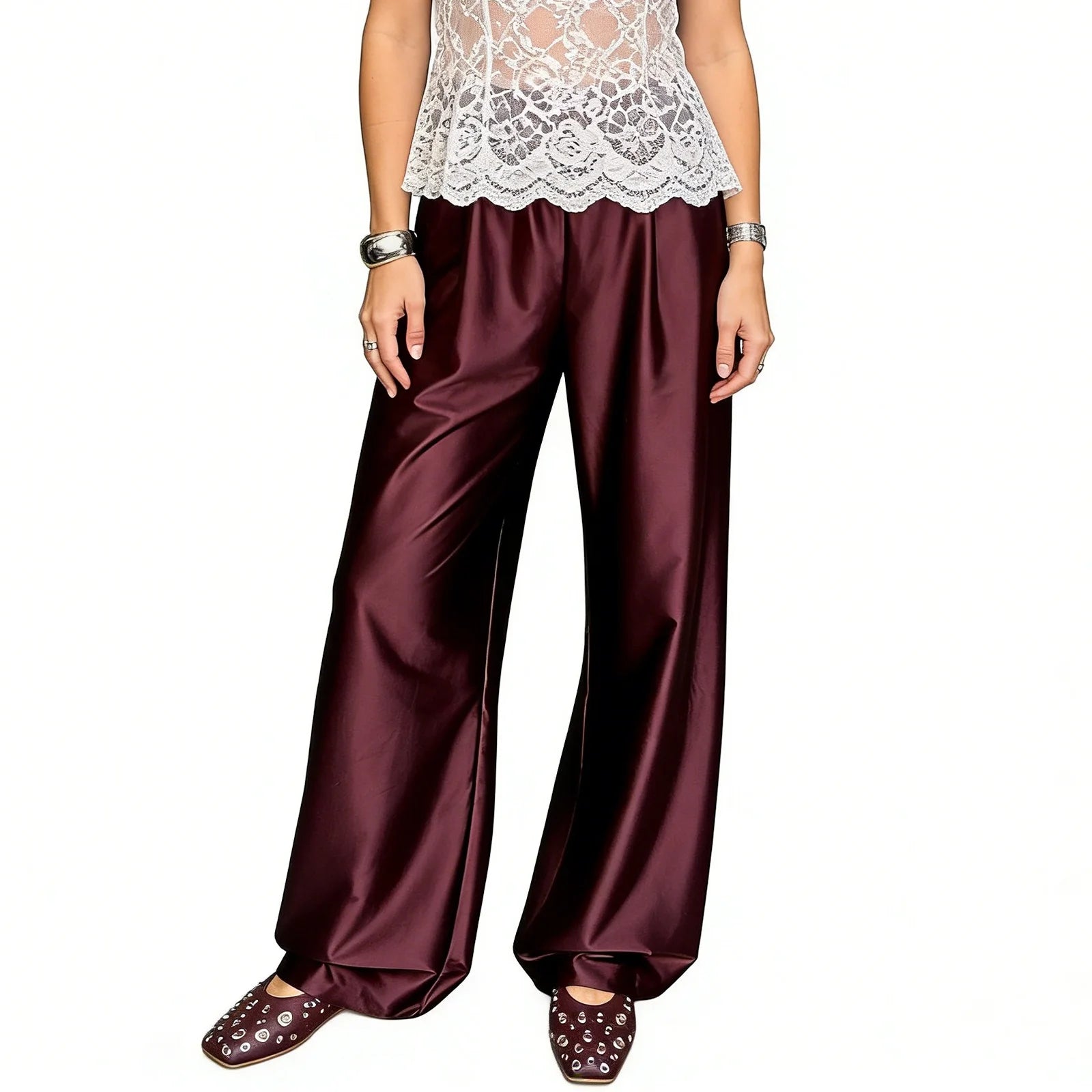 New Fashion Satin Silk Wide Leg Dress Pants for Women Low Rise Baggy Long Flowy Trousers