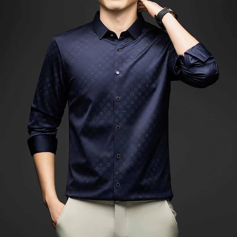Luxury Men Shirt Long Sleeve Turn Down Collar Business Casual Button Down Dress Shirt