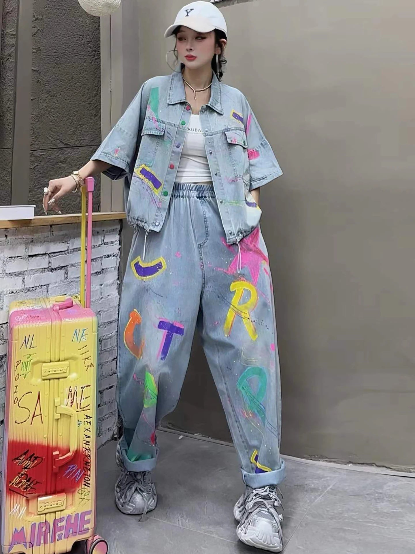 Personalized Hand-painted Denim Outfit Women 2026 Summer Short-sleeve Coat + Loose Long Pants Two-piece Set