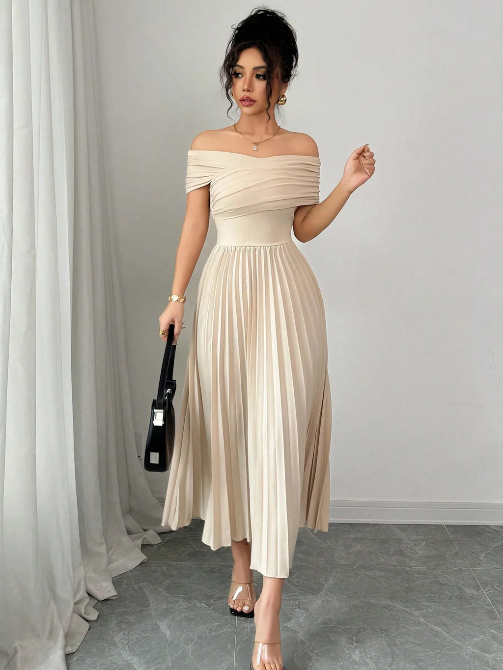 Off Shoulder Pleated Maxi Dress with Adjustable Wrap Top