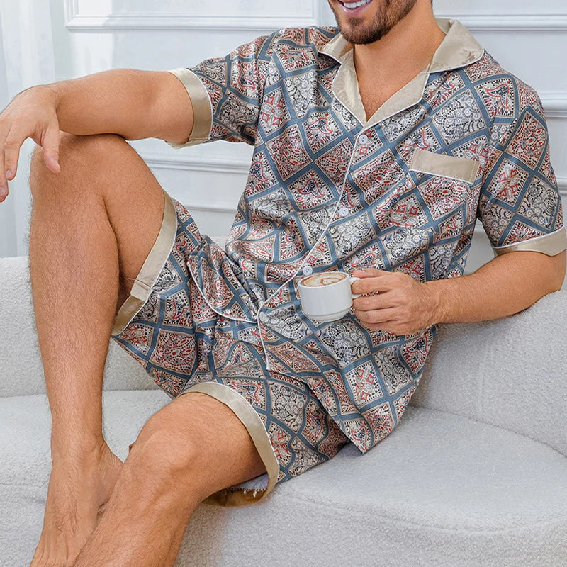 Men's Plaid Print Pajama Set Short Sleeve Lapel Top And Elastic Shorts Comfortable Perfect For Summer Sleepwear Loungewear Pjs